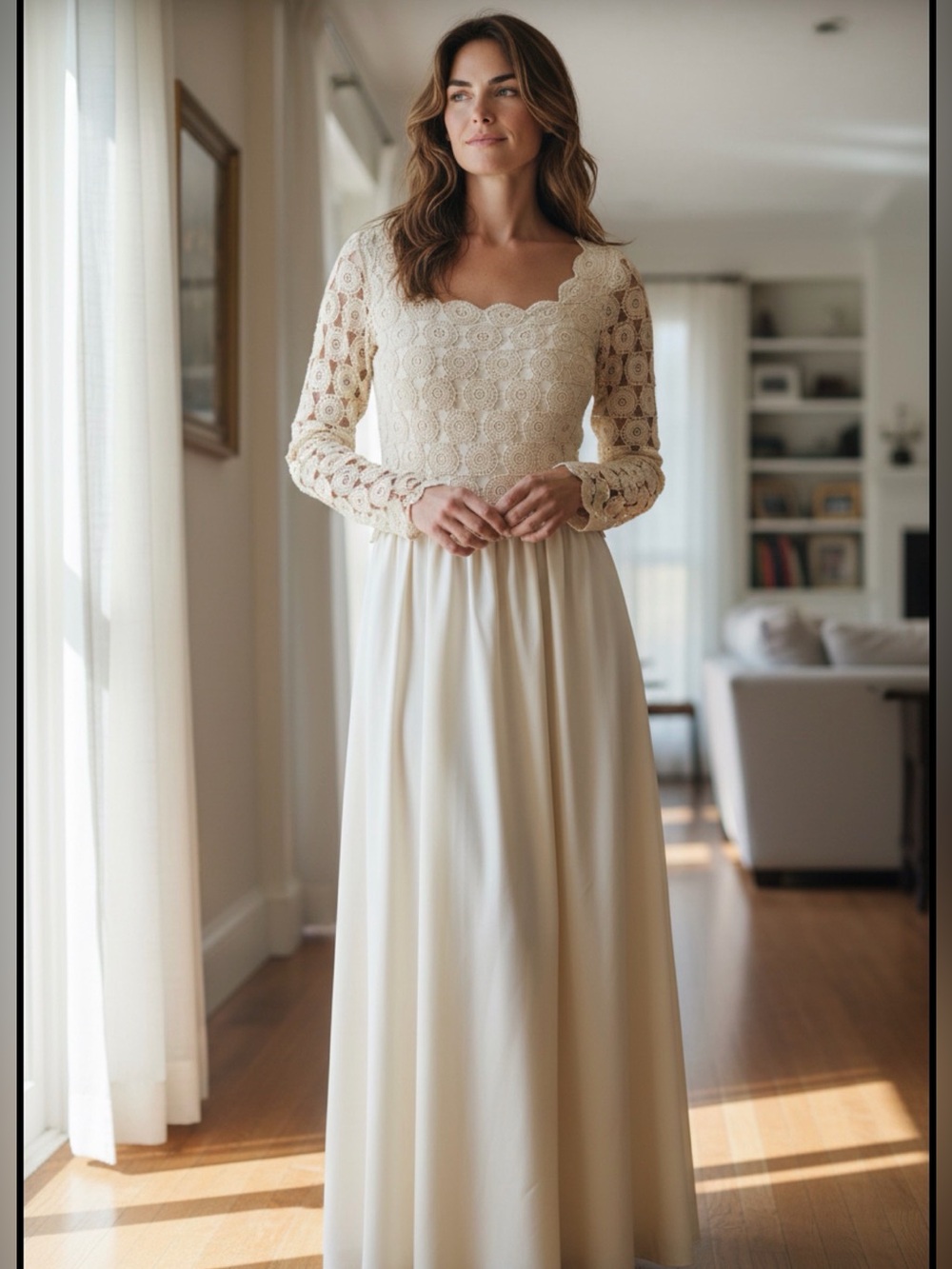 Elegant Cream Lace Long Sleeve Dress Wedding Party